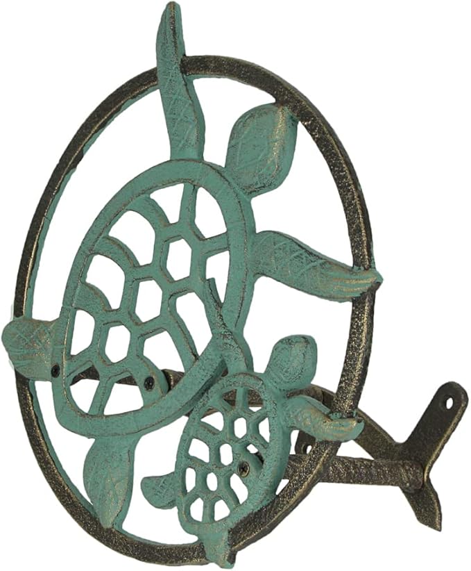 Verdigris Bronze Finish Cast Iron Sea Turtle Decorative Wall Mounted Hanging Garden Hose Hanger - 12 Inches Diameter - Ocean-Inspired Hose Holder Décor