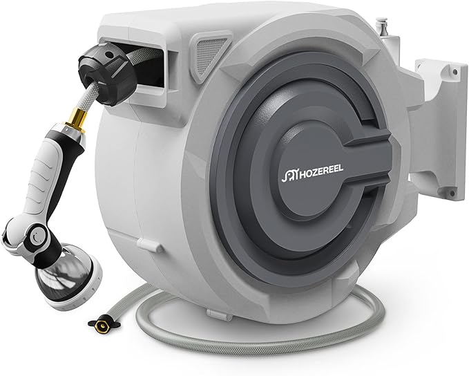 66 FT x 5/8" Retractable Garden Hose Reel by HOZEREEL, Outdoor Garden Hose Reels - Automatic Self Retract Wall Mount Hose Reel Enclosed Storage, Any Length Lock, 10 Pattern Nozzle-Grey