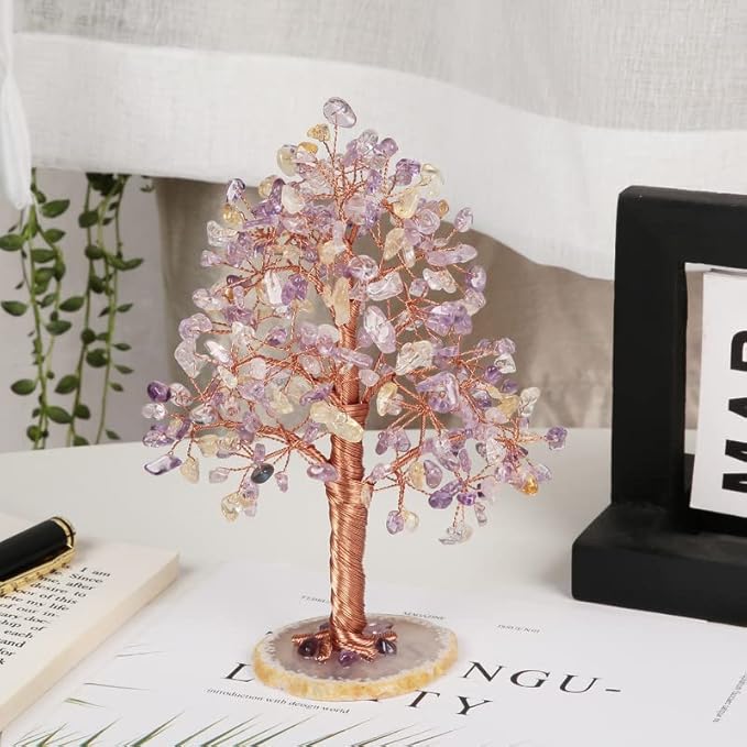 Natural Healing Crystal Tree of Prosperity Wire Wrapped on Agate Base Handmade Money Tree Bonsai Home Office Decoration for Good Luck, Amethyst and Citrine