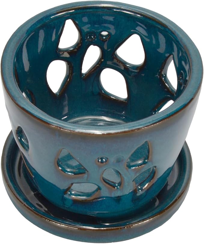 W&W Orchid Pot with Holes and Saucer for Repotting, Teal, 5 Inches