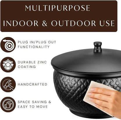 Monarch Abode Garden Hose Holder with Lid – Decorative Water Hose Holders for Outside, Diamond Embossed Metal Matte Black Pot with Drainage, 100ft Waterhose Holder for Outside, Garden Storage Caddy