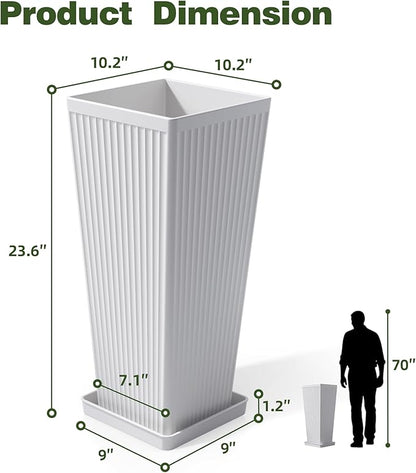 Square Tall Planters for Outdoor Plants Set of 2-23.6" Modern Tapered Indoor Flower Pots with Drainage Holes/Partition/Tray, Large Outdoor Planters for Porch Patio Garden Front Porch, White