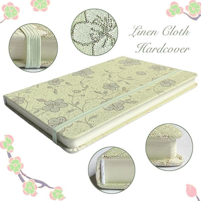 A5 Notebook, Ruled Paper, Lined Page, Hardcover, Layflat, Linen Cover, Flower Fabric, Journal for Women, Elastic Band Closure, Cute Notebooks for School, Office, Personal Writing, Green