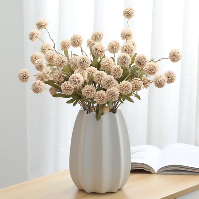 10PCS Artificial Chrysanthemum Ball Flowers Fake Mums with Long Stems Pom Pom Faux Mini Mum Flower Arrangements for Home Party Wedding Decoration (Beige)