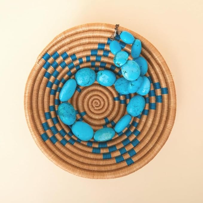 Small Decorative Bowl, Centerpiece, Storage, Organizaing, Home Décor Accents, Woven, Boho, 7" Wide, Turquoise Blue