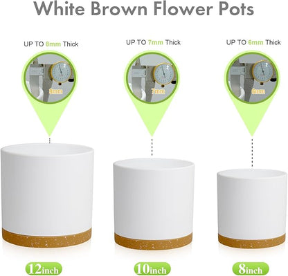 12/10/8 inch Large Flower Pots, 3 Pack Cylinder Deep Plant Pots for Outdoor Indoor Plants, Tall Plastic Planters with Drainage Holes and Saucers for Garden House Plants, White with Brown