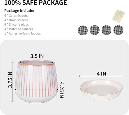 3.5 Inch Ceramic Succulent Planter Pots with Drainage Hole and Saucers, Small Glazed Ceramic Plant Pots for Indoor Flowers, Herbs, Cactus, Outdoor Plants, Pink, Set of 4 (Plants Not Included)