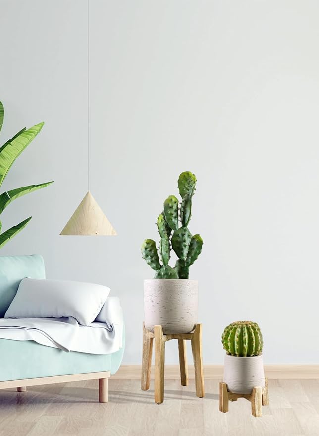 Serene Spaces Living Minimalist Cement Planter with Wooden Legs – Sleek Planter for Succulents, Cacti, Indoor Greenery, Versatile, Durable Plant Pot for Home or Office, 11.5" Diameter & 20.5" Tall