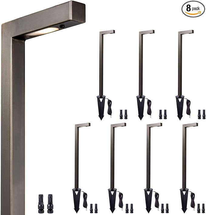 Gardenreet LED Pathway Lights Brass, 12V Landscape Path Lights Wired, Low Voltage Walkway Lights Outdoor Waterproof, L Shape Bronze for Backyard Garden Without G4 Bulb 8 Pack