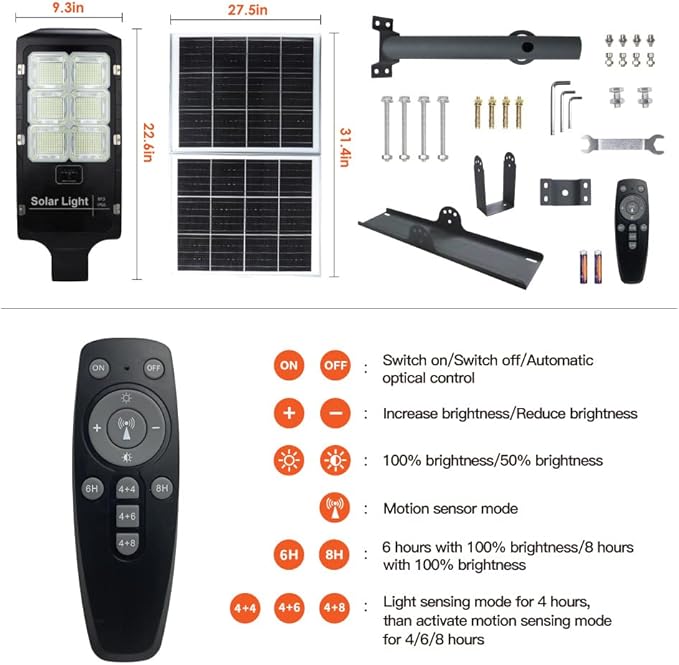 Solar Street Light,Solar Lamp Outdoor Security Led Flood Lights Pole Light Dusk to Dawn Remote Control with Motion Sensor 43000 Lumens for Parking Lot,Stadium,Pathway,Yard,Roadway