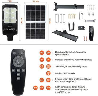 Solar Street Light,Solar Lamp Outdoor Security Led Flood Lights Pole Light Dusk to Dawn Remote Control with Motion Sensor 43000 Lumens for Parking Lot,Stadium,Pathway,Yard,Roadway