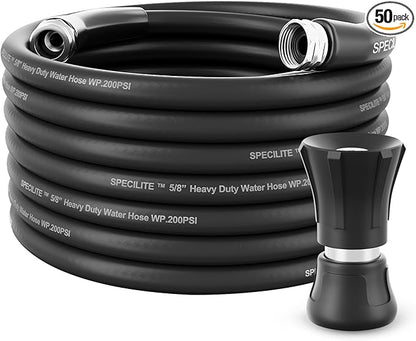 SPECILITE 5/8" Hot/Cold Water Hose 50 ft with High Flow Nozzle,Heavy Duty Flexible Rubber Garden Hose -50℉ to 158℉ With 3/4" Stainless Steel Fittings for Yard, Outdoor, Farm, Lightweight, Black
