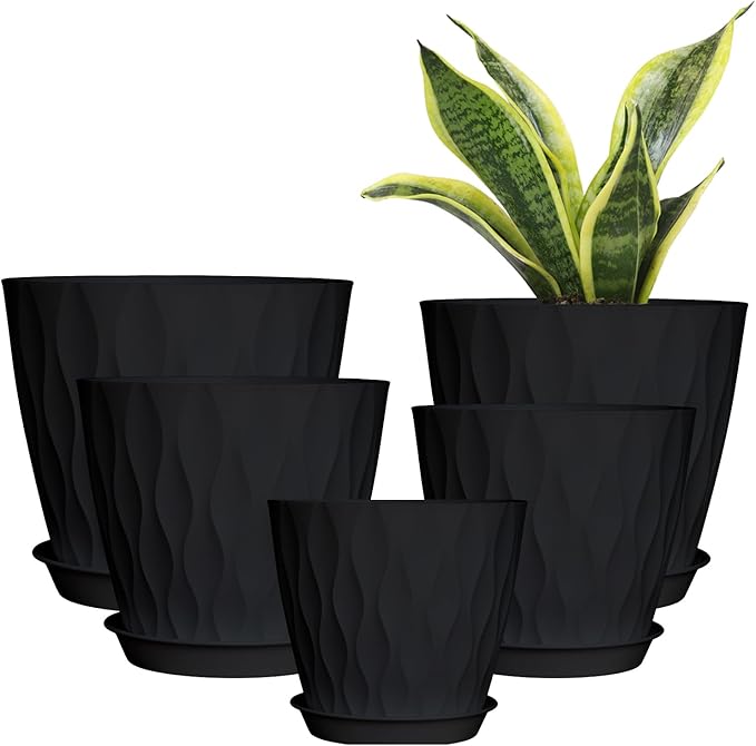 8/7/6/5/4 Inch Plant Pots with Drainage Holes, Setof 5 Plastic Planters for Indoor Outdoor Plants,Indoor Flower Pots, Nursery Planting Pot for Garden OfficeHome Decor(Black, 8/7/6/5/4)