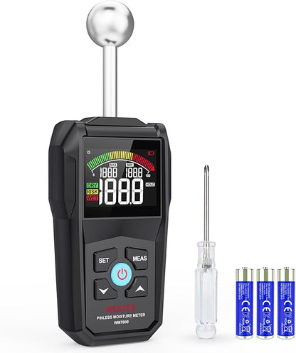 MESTEK Pinless Moisture Meter for Wood, Walls & Drywall, Digital Moisture Detector, Concrete Moisture Meter & Firewood Reader, Detects up to 40mm Below Surface with 3-Color LCD Display, Audible Alarm