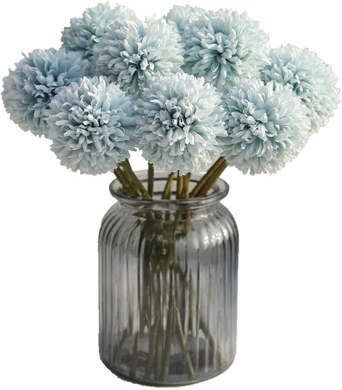 Artificial Flowers Chrysanthemum Ball Flowers Bouquet 10pcs Present for Important People Glorious Moral for Home Office Coffee House Parties and Wedding(Light Blue)