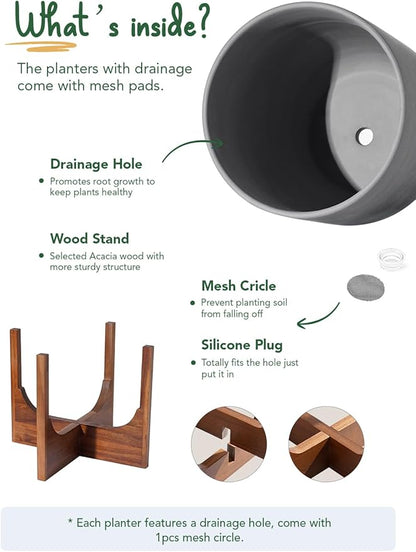 LE TAUCI 10 Inch Plant Pot with Acacia Wood Stand, Ceramic Planters for Indoor Plants, Plant Pots Indoor for Home Decor, Mid-Century Modern Pots for Plants with Drainage Hole and Plug, Charcoal Gray