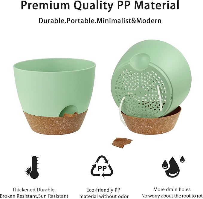 UUBEMM Self Watering Planters with Drainage Holes, Set of 3 Plastic Plant Pots with Deep Reservoir for Indoor Outdoor Garden Flowers Plants,10+9+8 Inch (Green)