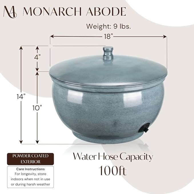 Monarch Abode Garden Hose Holder with Lid – Decorative Water Hose Holders for Outside, Smooth Metal Patina Pot with Drainage, 100ft Waterhose Holder for Outside, Garden Storage Caddy