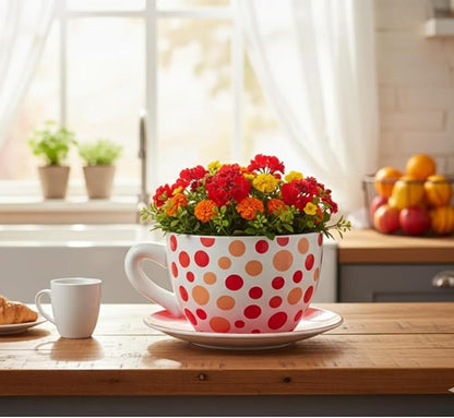 7.5" Round Ceramic Teacup Shape Planter Pot with Saucer for Succulents Orchids Herbs Cactus Indoor Houseplants Flowers for Home Garden and Event Decor – Orange Polka Dot Planter