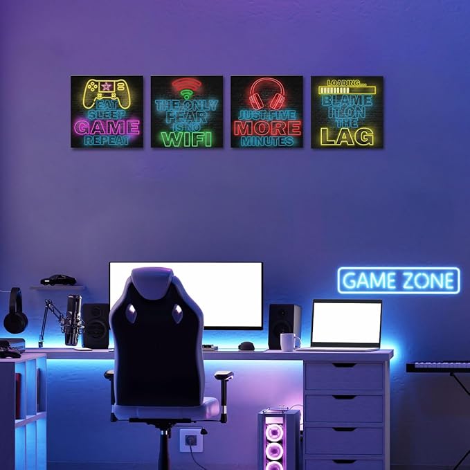 4 PCs Neon Gaming Wall Decor Canvas Wall Art Framed Art Game Room Decor Boys Room Decor Gaming Posters, Gamer Room Decor for Boys, Artwork for Walls Video Game Room Playroom Man Cave Home Decor