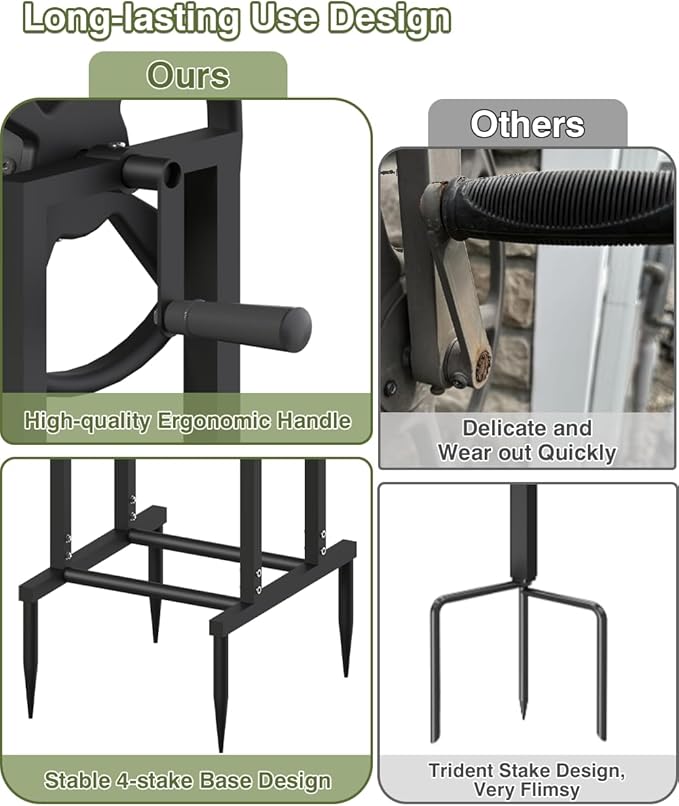Freestanding Garden Hose Reel holds 125ft Hose of 5/8" with 4 Hooks, 4-Spike Outdoor Hose Holder with 3.9ft Leader Hose & Brass Fitting, Detachable Metal Hose Stand with Storage Rack, Black