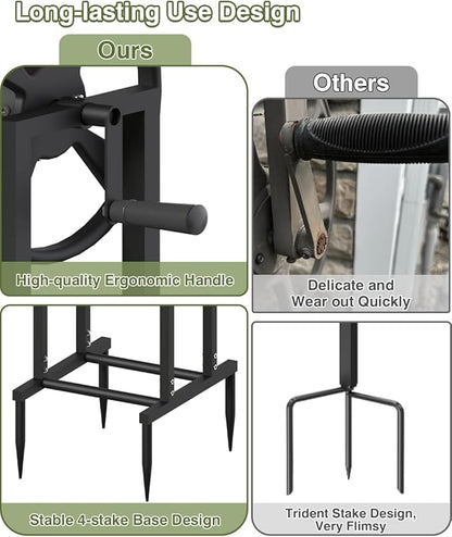 Freestanding Garden Hose Reel holds 125ft Hose of 5/8" with 4 Hooks, 4-Spike Outdoor Hose Holder with 3.9ft Leader Hose & Brass Fitting, Detachable Metal Hose Stand with Storage Rack, Black