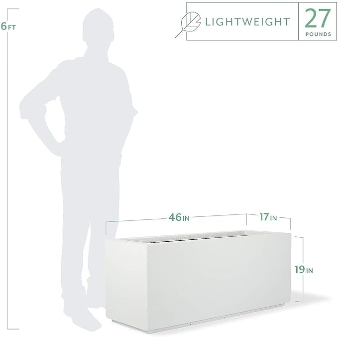 PolyStone Milan Tall Modern Outdoor/Indoor Rectangular Trough Planter, 46" L X 17" W X 19" H, Lightweight, Heavy Duty, Weather Resistant, Polymer Finish, Commercial and Residential (White)