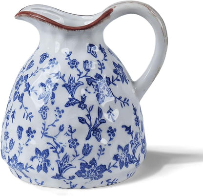 Blue and White Ceramic Vase with Handle – 7.28 Inch Vintage Crackle Glaze Pitcher Style Flower Vase, Chinoiserie Tuscan Decorative Jug for Shelf, Desk, Home Decor