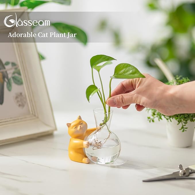 Plant Propagation Stations with Cat Statue: Glasseam Propagation Vases for Plants - Creative Animal Hydroponic Terrarium for Home Decor - Fun Propagation Jars Gifts for Women Plant Lovers Cat Parents