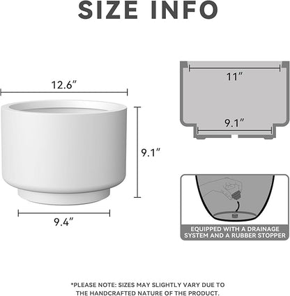 Kante 12.6 Inch Dia Concrete Planter, Round Pedestal Design Garden Pot for Indoor Outdoor Plants, Modern Flower Pot with Drainage Hole and Rubber Plug, White