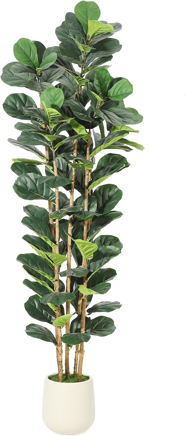 7ft Faux Fiddle Leaf Fig Tree with White Planter, Floor Fake Plants, Realistic Artificial Plants for Home Office Living Room Decor, Housewarming Gift