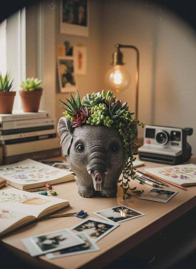 Elephant Planter Pot for Succulents, 6.7inch Resin Flower Pot with Drain Hole, Cute Animal Decor, Unique Gift for Christmas, Birthday, Mom, Housewarming (Grey)