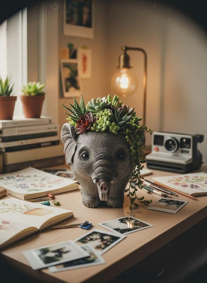 Elephant Planter Pot for Succulents, 6.7inch Resin Flower Pot with Drain Hole, Cute Animal Decor, Unique Gift for Christmas, Birthday, Mom, Housewarming (Grey)