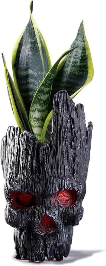 Mikayoo Stump Skull Flower Pot - Treeman Pen Holder & Creative Green Plant Pot - 7" High, 4.7" Wide (Black)