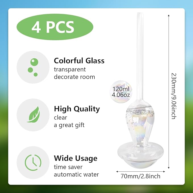 Plant Watering Globes, Iridescent Rainbow Glass Water Bulbs Self Watering Spikes Planter Insert Automatic Plant Watering Device for Indoor and Outdoor Plants (4Pcs, Mushroom Shaped)