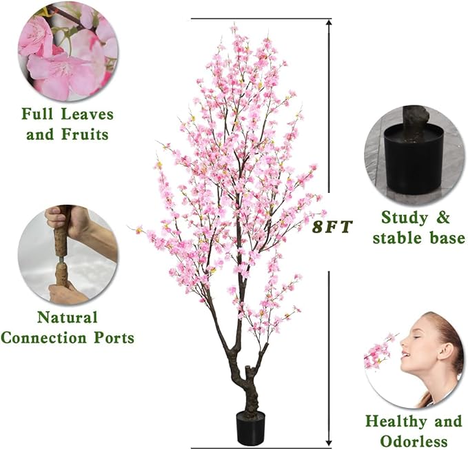 Faux Cherry Blossom Tree 8FT Aritifical Pink Flower Tree Indoor,Fake Cherry Blossom Tree for Home Decor Gift