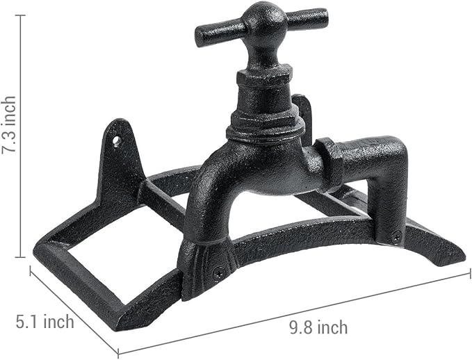 MyGift Wall Mounted Garden Hose Holder, Vintage Black Cast Iron Watering Tube Rack, Decorative Antique Faucet Hanging Hook Water Hosepipe Reel (Spigot Design)