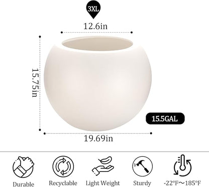 20”Dx16.1”H Lightweight Durable Modern Plastic Sphere Planter with Drainage Hole & Rubber Plug Weather Resistant,Planters for Indoor Plants & Outdoor,Large Plant Pot,(White, 12.6" Pot Opening)
