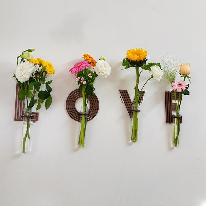 Wood Letter Wall Planter Terrariums Propagation Station with Test Tube Clear Flower Vase for Hydroponics Custom Vertical Garden Walnut DIY Home Decor Hanging Plant Holder Alphabet