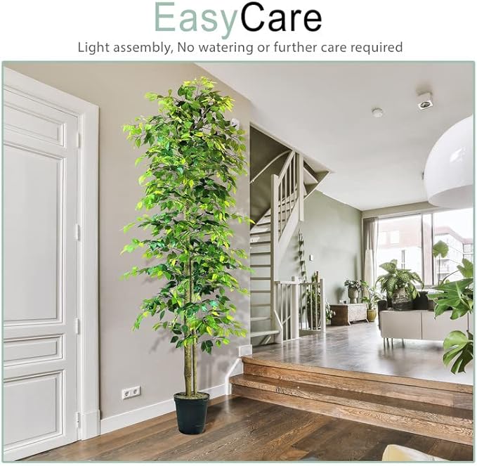 10ft Artificial Ficus Tree in Black Plastic Pot - Real Wood Trunk, Preassembled, No Maintenance Indoor Faux Plant - Living Room, Home & Office Decor