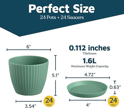 Mint 6-Inch Plant Pots with Drainage & Saucers 24 Pack, Indoor & Outdoor Planters for Houseplants, Herbs, and Flowers, Durable & Weatherproof Material, Stackable, Lightweight, Minimalist Design