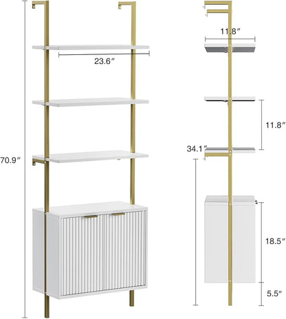 Set of 2 Ladder Bookshelf with Cabinet, 71" Tall Bookcase with Shelves & Storage, Fluted Ladder Shelf with Metal Frame, 6-Tier Display Rack for Living/Bedroom, Home & Office, White & Gold