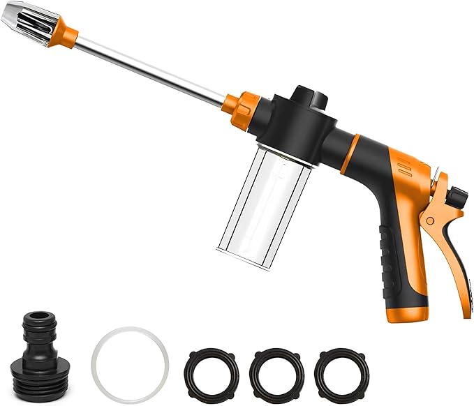 High Pressure Soap Sprayer for Garden Hose, Foam Gun Car Wash Sprayer with 3.5oz/100cc Plastic Soap Dispenser Bottle, Adjustable Nozzle for Gardening, Solar Panel Cleaning, Pet Showering (Orange)