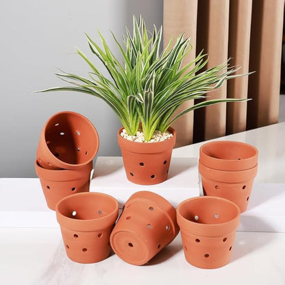 Yishang 4.6 Inches Terracotta Orchid Pots with Holes - Set of 8 Clay Orchid Planter Pots for Repotting, Small Flower Plant Pots for Orchid Indoor & Outdoor, Promotes Air Circulation