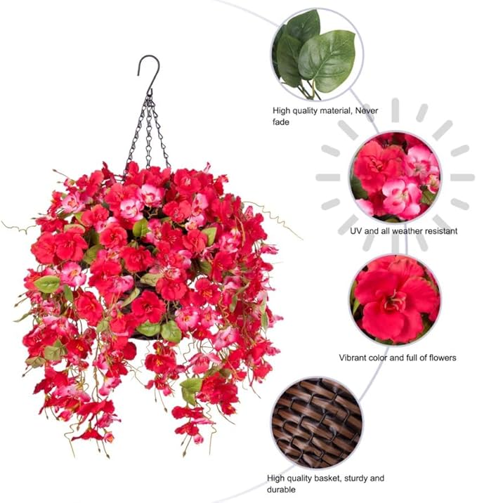 HyeFlora Artificial Fake Hanging Hibiscus Flower Baskets for Outdoor Decoration, Faux Silk Hibiscus Long Vines in Planter UV Resistant Realistic Flowers for Outside Porch Patio Home Decor, RedPink