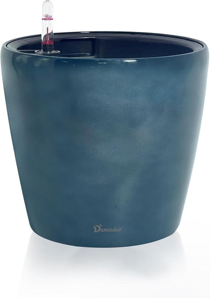 Dexceder 9x8 Inches Self Watering Planter Indoor Outdoor, Inner Pot Design, Thickened Table Flower Plant Pot with Water Level Indicator (Grayish Green Gradient)