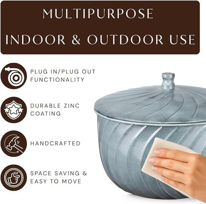 Monarch Abode Garden Hose Holder with Lid – Decorative Water Hose Holders for Outside, Wave Embossed Metal Patina Pot with Drainage, 100ft Waterhose Holder for Outside, Garden Storage Caddy