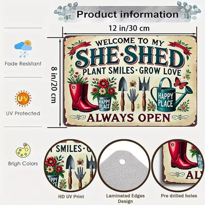 Bestylez Garden Gifts Welcome To My She Shed Vintage Gardening Signs for Home Garden Greenhouse Living Room Bedroom Yard Outdoor Decor 8X12 Inch (3372)