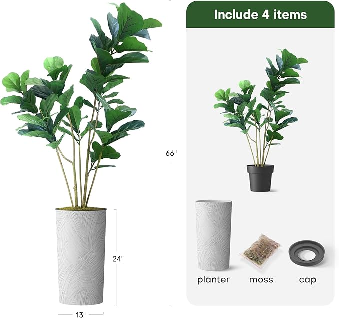 Artificial Tree in White Marble Effect Planter, Fake Ficus Lyrata Silk Tree for Indoor and Outdoor Home Decoration - 66" Overall Tall (Plant Pot Plus Tree)