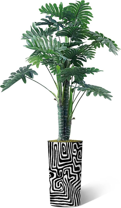 Artificial Tree in Modern Geometric Pattern Planter, Fake Philodendron Tree Silk Tree for Indoor and Outdoor Home Decoration - 70" Overall Tall (Plant Pot Plus Tree)